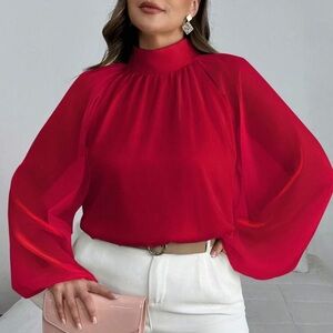 Chic Red Blouse with Lace Detailing and Flowy Sleeves